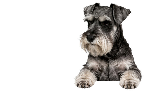 Miniature Schnauzer Dog Looking Over Ledge on Transparent Background
