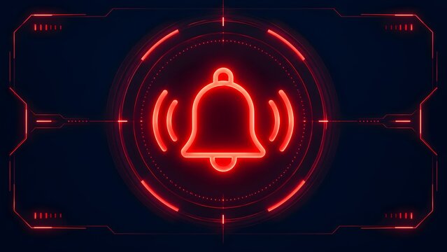 Glowing red notification bell icon inside futuristic digital target interface symbolizing urgent alert and system alarm