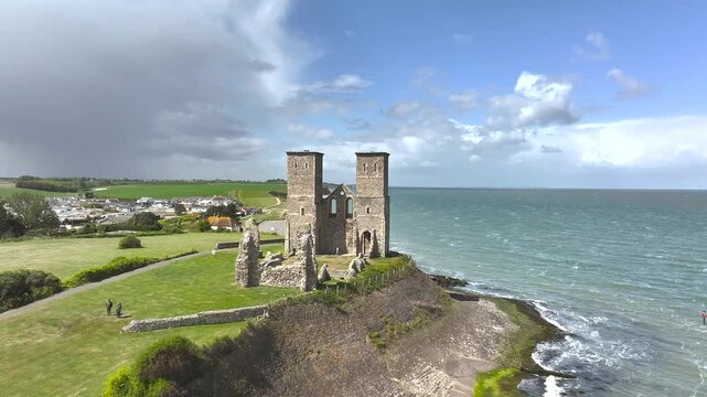 Reculver Towers and Roman Fort from a drone, Herne Bay, Kent, England, United Kingdom
