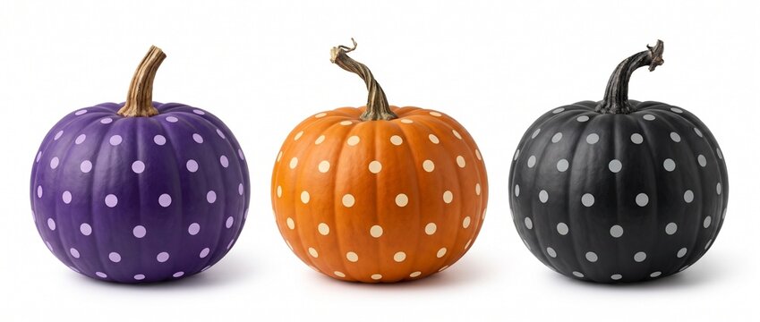 Creative Halloween design. Set of three painted pumpkins (purple, orange, black) with polka dot pattern isolated on white background. Modern festive autumn decor