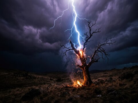 Powerful night storm with bright lightning hitting a dead tree in the wilderness