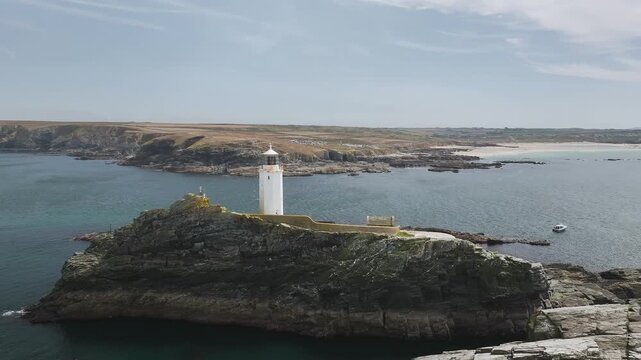 Godrevy Lighthouse from a drone, Godrevy Island, St Ives Bay, Cornwall, England, United Kingdom