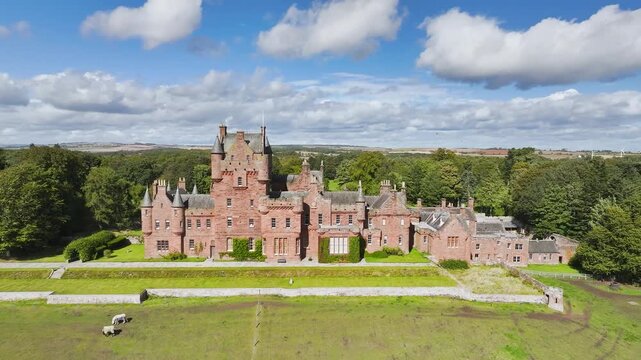 Ayton Castle from a drone, Ayton, Eyemouth, Scottish Borders, Scotland, UK
