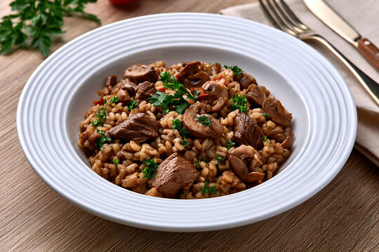 Beef risoto in dish on the table