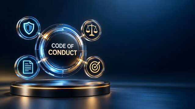Glowing digital interface displaying code of conduct text with justice and security icons representing corporate ethics and strict business governance