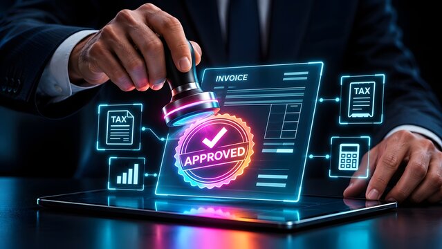 Businessman hand stamping approved on a glowing digital invoice interface with tax and calculator icons symbolizing automated financial auditing and secure corporate compliance