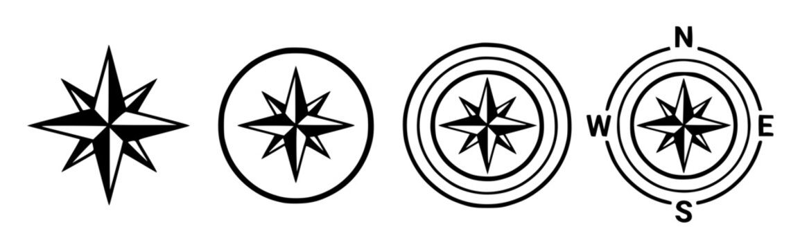 Four compasses vector illustration set with simple line art design featuring line art, illustrations, graphic resources with vector and design elements