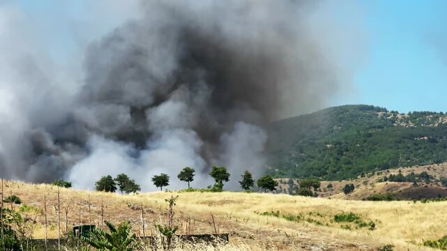 Bush Fire on Mountain with Heavy Smoke and Environmental Impact