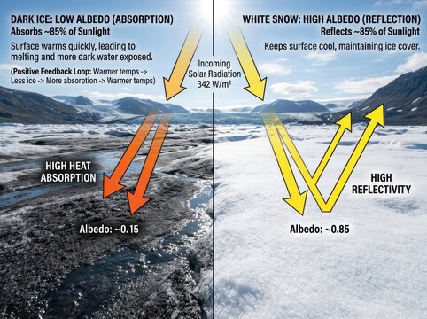 Arctic albedo effect visualization comparing solar radiation reflection on white snow and dark ice