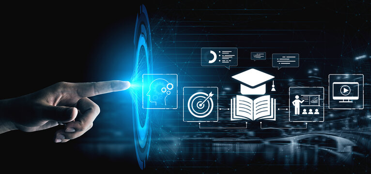 Hand Reaching Towards Digital Learning Icons Signifying Online Education, Skill Development, and Knowledge Acquisition in a Modern Technological Environment. Bitwise.