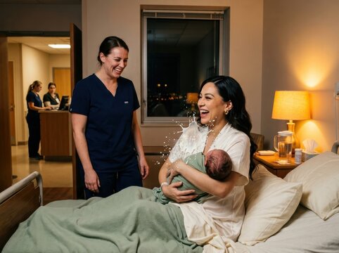 Postpartum mother bonding with newborn in hospital room
