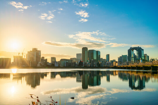 Beautiful sunrise view of Osaka city skyline. Japan 