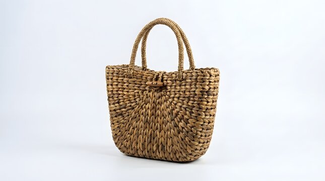 Beautiful Indonesian handcrafted woven handbag made from natural water hyacinth fiber, an eco-friendly and traditional artisanal tote bag for women's summer fashion, isolated on white background.