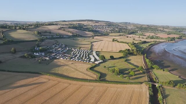 Farms and Fields over River Teign and Teignmouth Road from drone, Newton Abbot, Devon, England, United Kingdom