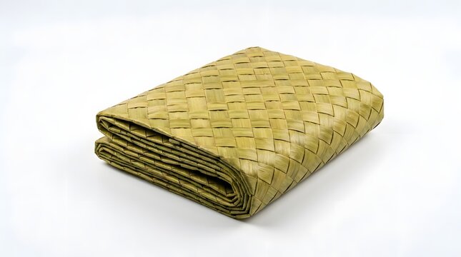 Traditional Indonesian hand-woven pandan leaf mat, neatly folded and isolated on white background, showcasing the intricate anyaman handicraft technique and natural sustainable fiber texture.