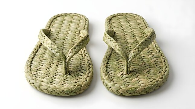 Traditional Indonesian handcrafted sandals made from natural woven pandan leaves, a pair of eco-friendly artisan flip-flops representing authentic tropical craftsmanship on a white background