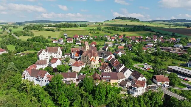 Aerial view of flower field, district of the southern Baden town of Tengen with flower field Castle and the parish church of St Michael, Hegau, district of Constance, Baden-W&uuml;rttemberg, Germany