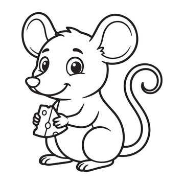 Cute cartoon mouse holding cheese piece outline line art illustration. Black and white rat animal character for kids coloring page activity book.
