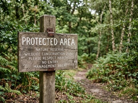 Nature reserve trail sign requesting visitors stay on designated paths