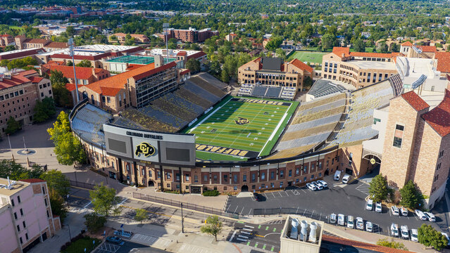 Aerial shot of Folsom Field home of the Buffalos in Boulder Colorado USA