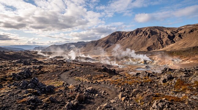 Wide-angle view of a rugged geothermal area with volcanic rocks, steaming vents, and mountainous landscape under blue, a