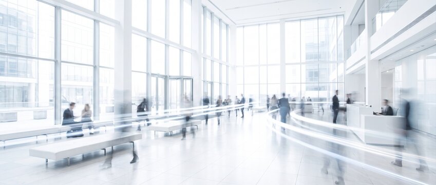 business people moving through a bright modern corporate office lobby with large glass windows and motion blur