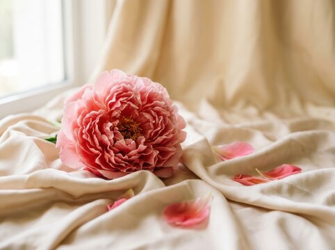 Velvet Peony Blossom on Silk Fabric with Soft Petals