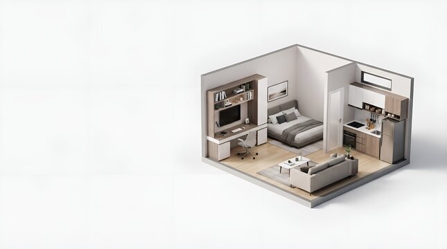 Isometric 3D floor plan of a modern studio apartment with furniture.