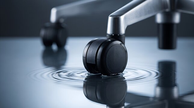 Close up of office chair wheel on a wet reflective surface.