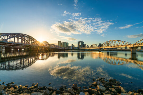 Beautiful sunrise view of Osaka city skyline. Japan 
