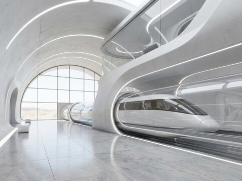 Minimalist hyperloop station with a sleek pod and large arched viewing window