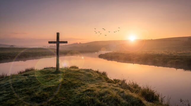 Cross Silhouette at Sunrise Over Peaceful Lake Landscape