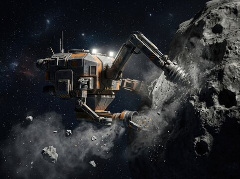 Industrial space drone excavating an asteroid in zero gravity environment