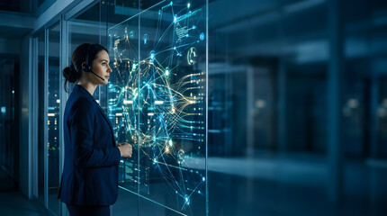 Fototapeta premium a woman in a suit looking at a glass wall