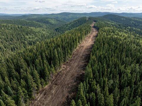 Straight bare earth firebreak separating evergreen trees on a forest ridge