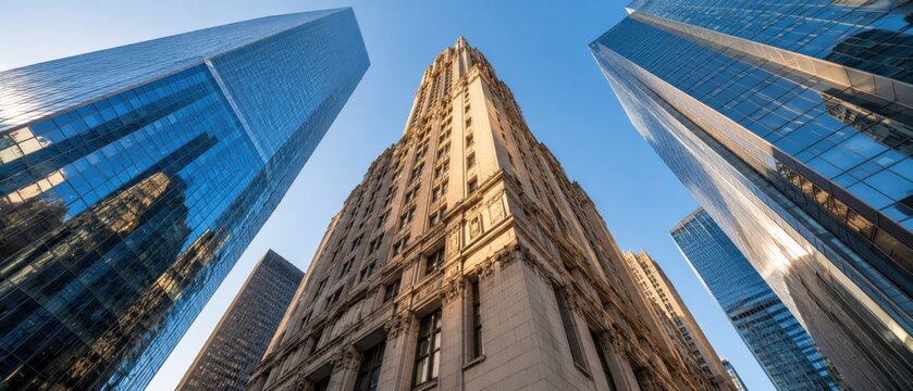 classic stone skyscraper surrounded by modern glass office towers under clear blue sky in downtown financial district