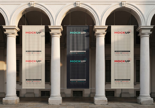 Banners Long Flags Hanging on Neoclassical Architecture Mockup