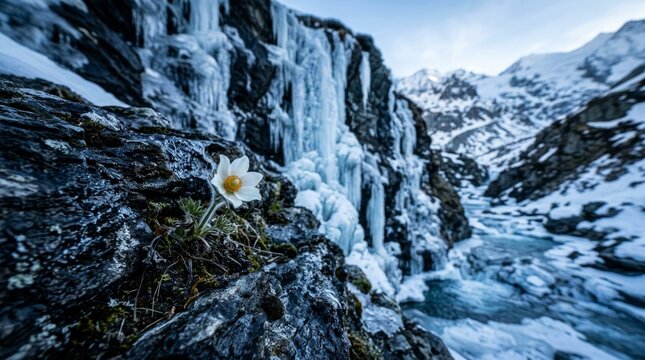 Winter's Delicate Bloom: A lone white flower, seemingly defying the harsh winter elements, blossoms near an icy waterfall cascading down a rocky, snow-covered mountain slope.