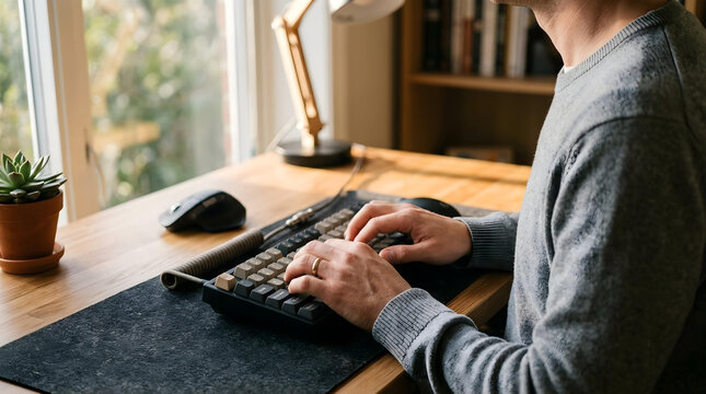 Focused professional typing on sleek modern desk setup with natural light, illustrating human-in-loop automation, AI collaboration, and remote work efficiency