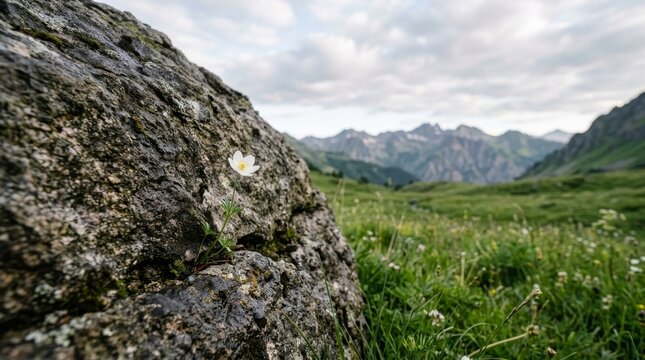 Majestic Alpine Vista: A colossal, moss-covered rock dominates the foreground, hinting at the rugged beauty of the majestic alpine landscape beyond, with rolling green hills and distant.