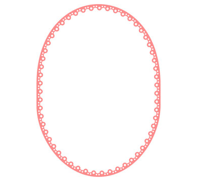 Coral pink bubble eyelet lace oval border with broderie anglaise scalloped round hole cutwork trim forms romantic frame on white suited to wedding invitations, feminine labels or cottagecore crafts.