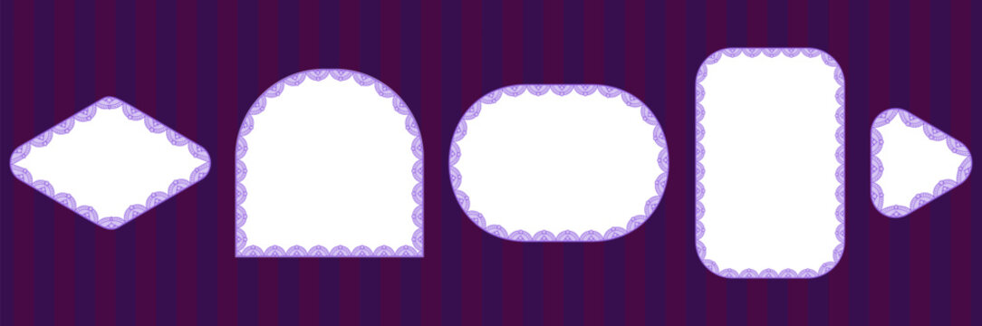 White pearl scallop lace frames with lilac trim outline diamond, arch, capsule plus rectangle borders on striped purple as ornate Victorian textile set for wedding invitations or craft labels.