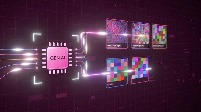 Generative AI chip processing and outputting diverse digital art and images in a futuristic digital network