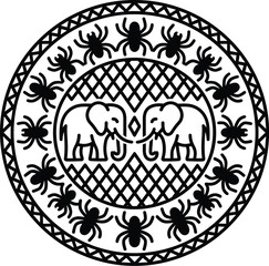 Fototapeta premium Isolated ornamental Bamileke-inspired pattern with elephants, spiders, and diamond grids in solid black silhouette, traditional African motif vector illustration