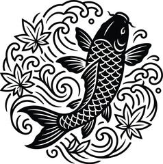 Fototapeta premium Japanese koi fish swimming among stylized waves and maple leaves, monochrome black vector pattern, flat solid fill, repeating layout, high contrast