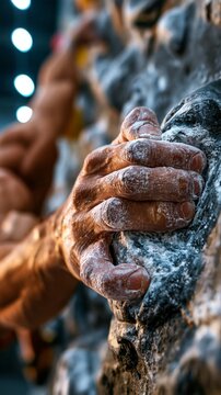Close-up of a climber's chalk-covered hand gripping a rock hold, showcasing strength and focus during indoor bouldering training.