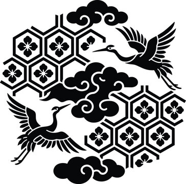 Japanese Nishijin brocade pattern featuring cranes, tortoise cells, and clouds in solid black flat shapes, isolated oriental ornament, vector graphic