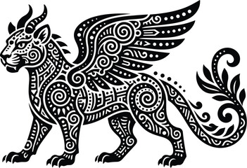 Obraz premium Oaxacan alebrije inspired fantastical creature pattern, vector ornament, solid black flat shapes isolated on white, tribal tribal mythical beast