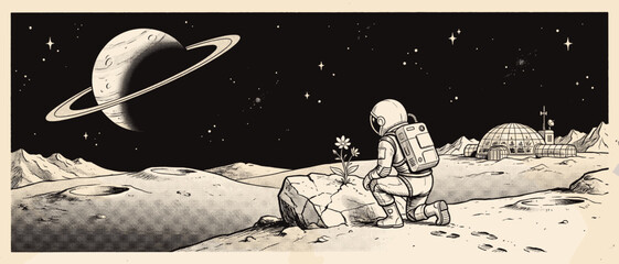Astronaut kneeling on moon planting flower with ringed planet vector illustration vintage black white space poster © Artixa