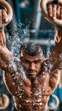 Muscular man performing ring dips in gym, sweat flying, intense focus, strong physique, athletic training, dynamic action shot, powerful expression.